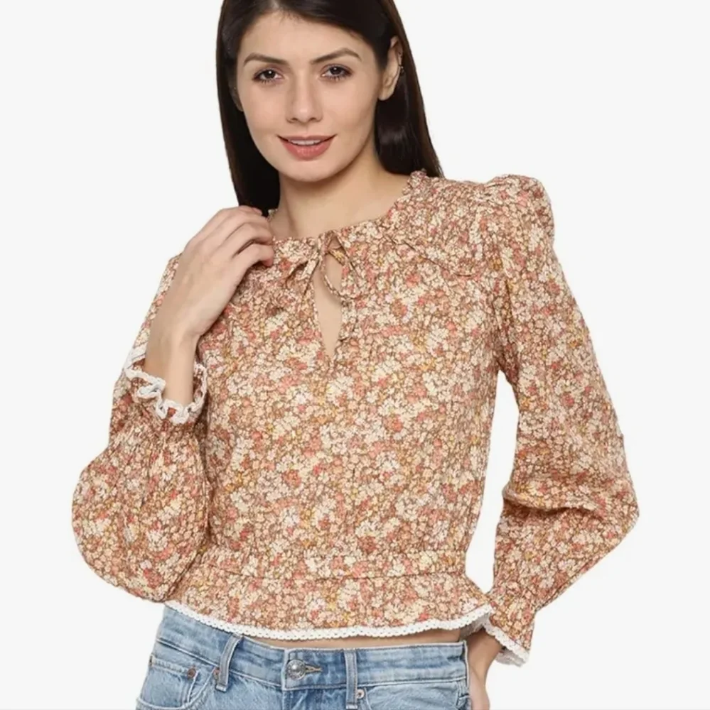 American Eagle Boho Floral Smock Detail Tie Neck Longsleeve Blouse Size S - Picture 3 of 11